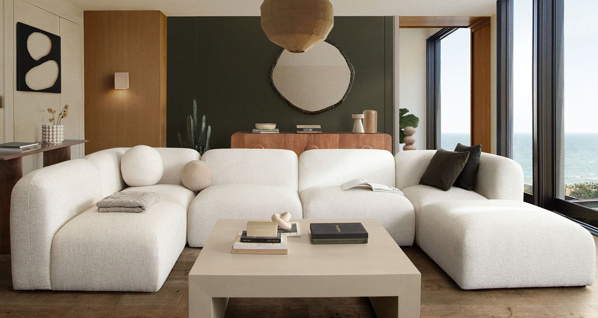 Echo Modular Sectional Sofa – 6-Piece Reversible Sectional / Cream Fabric – close-up – Lusso Furniture Miami