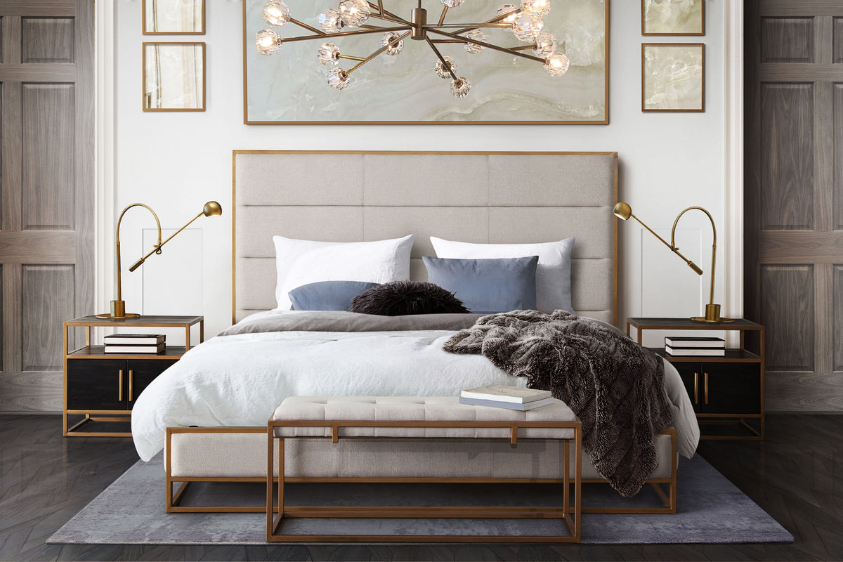 Empire Channel Tufted Metal Frame Bed – King / Sand Fabric & Gold Metal – alternate view – Lusso Furniture Miami