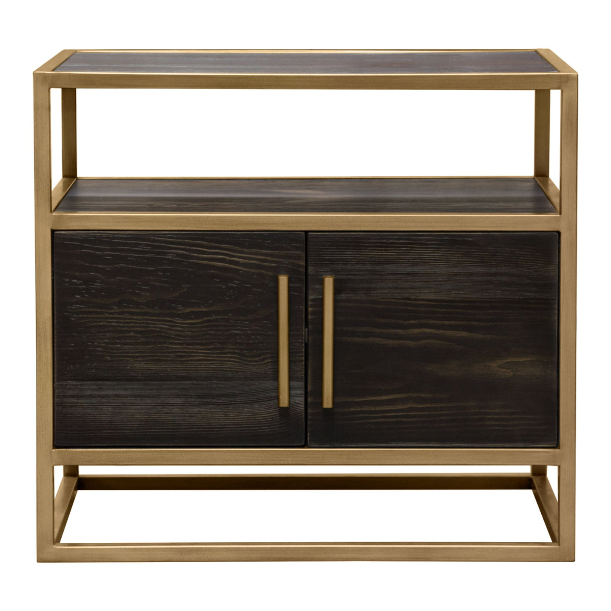 Empire Two Door Storage End Table – Dark Brown Veneer & Gold Metal – front view – Lusso Furniture Miami