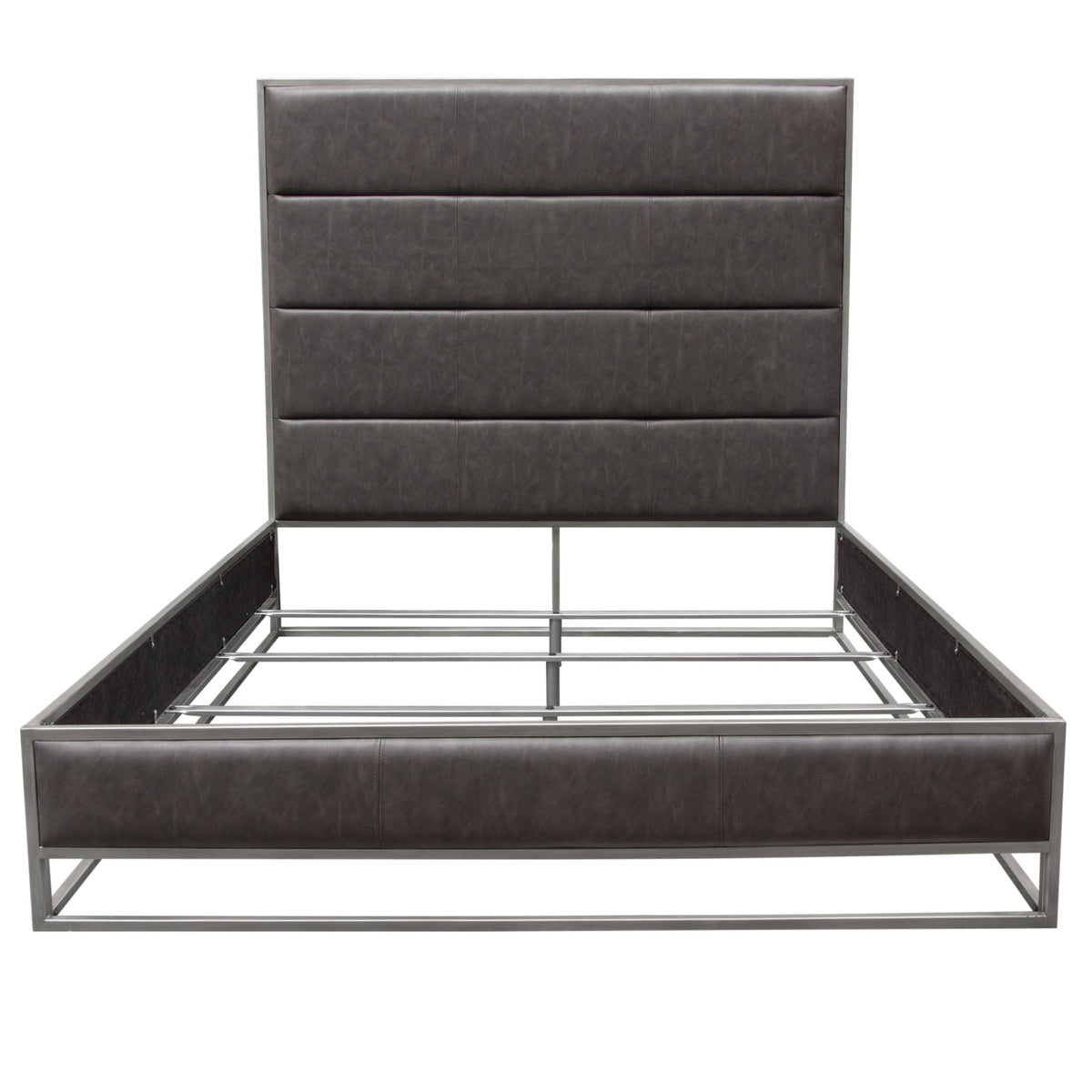Empire Channel Tufted Metal Frame Bed – Queen / Weathered Grey PU & Silver Metal – front view – Lusso Furniture Miami