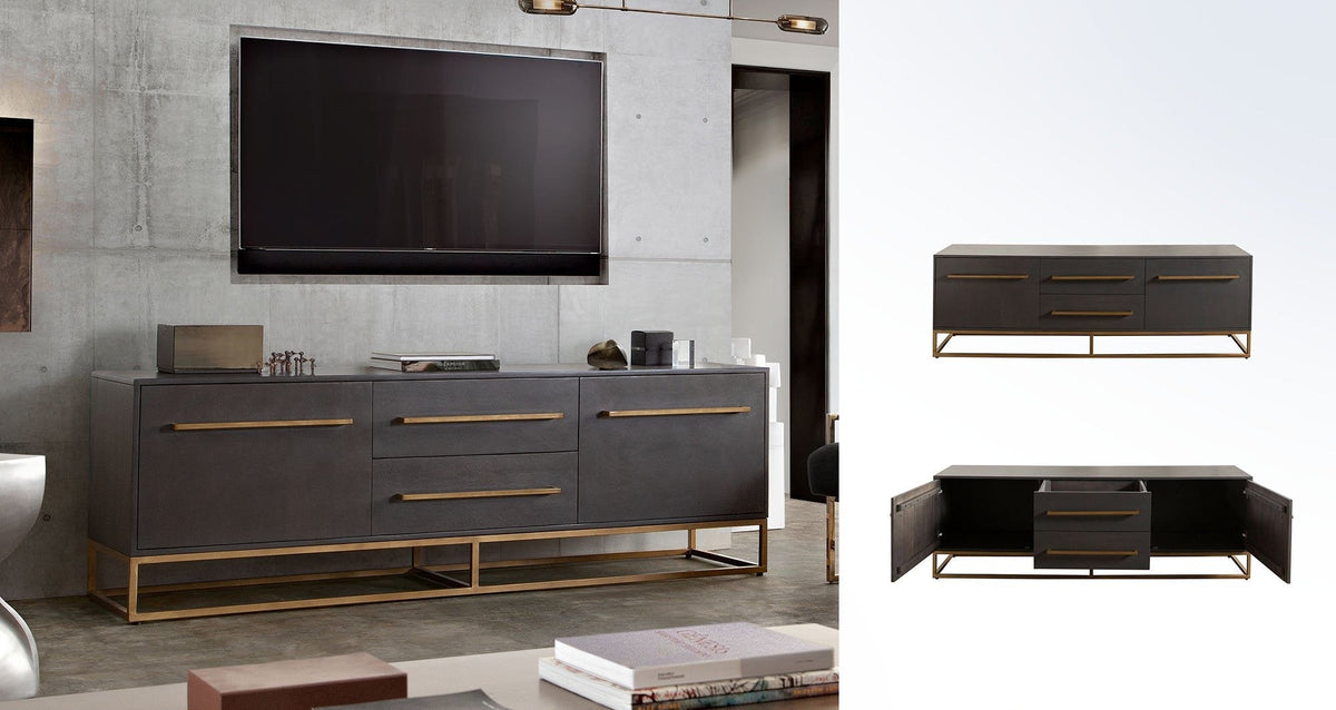 Encore Mango Wood TV Stand – Grey Oak Finish – front view – Lusso Furniture Miami