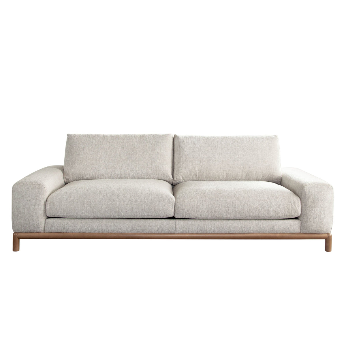 Fallon Wood Trim Fabric Sofa – Light Barley Polyester Fabric – front view – Lusso Furniture Miami
