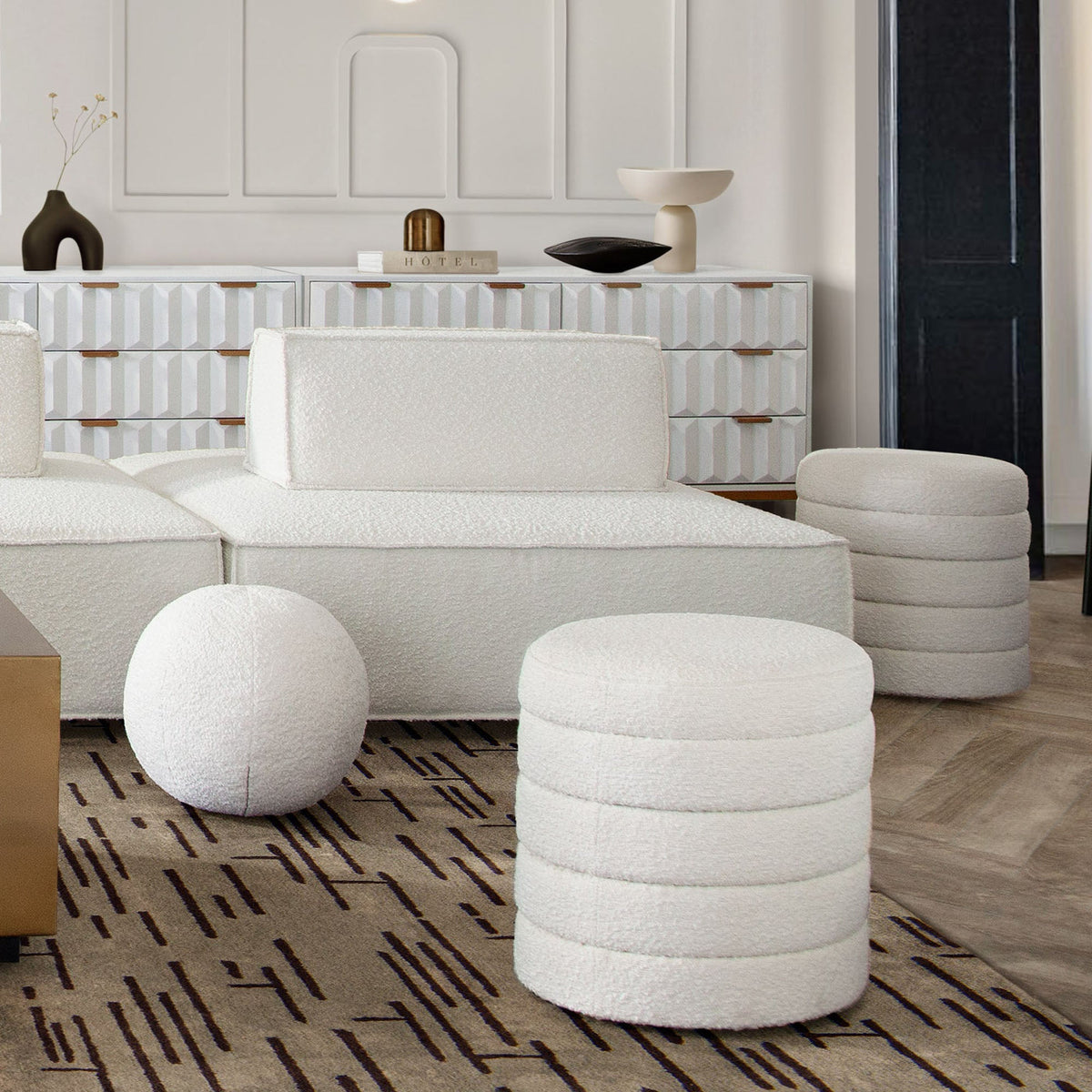 Helix Round Boucle Ottoman – top view – Lusso Furniture Miami
