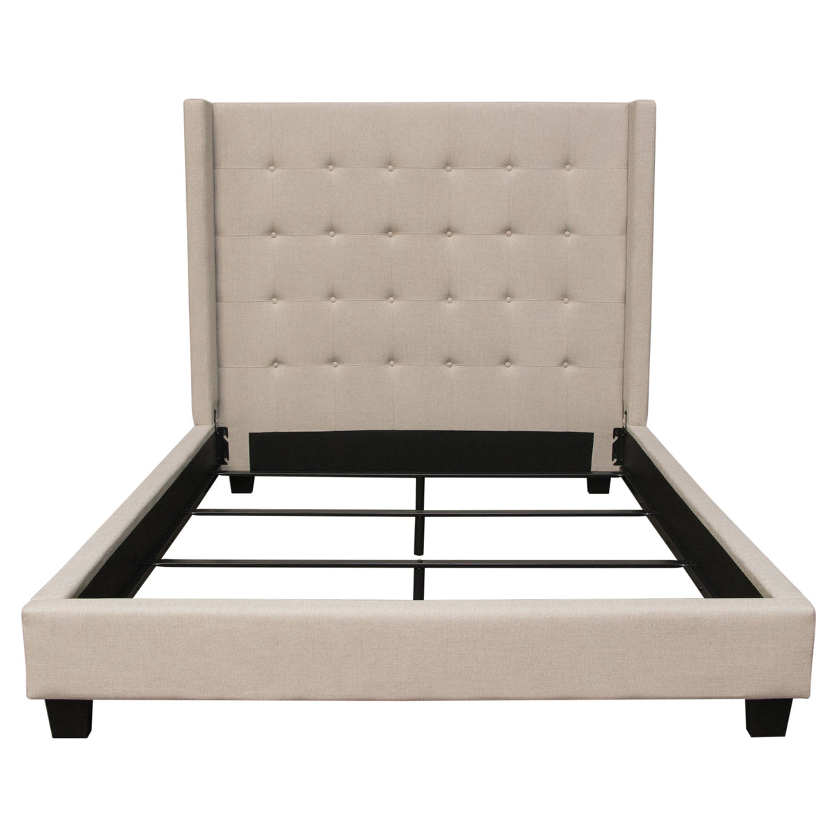 Madison Ave Tufted Wingback Bed – Queen / Sand Button Tufted Fabric – front view – Lusso Furniture Miami