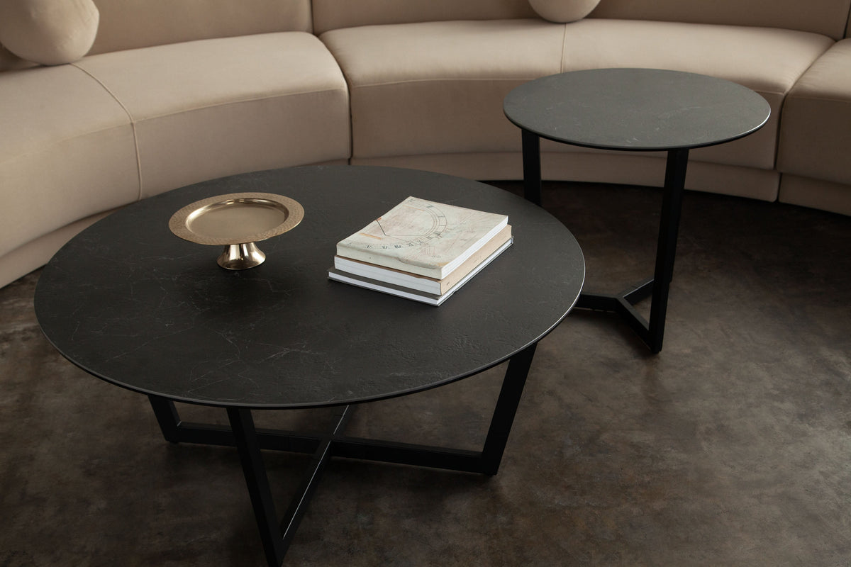 Onyx Round Ceramic Glass Coffee Table – room setting – Lusso Furniture Miami