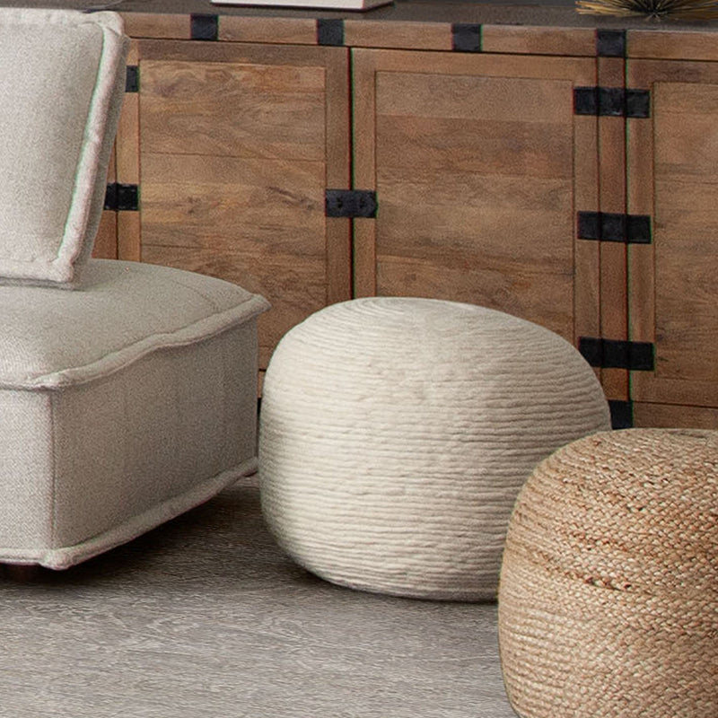 Round White Wool Pouf-zoom-
