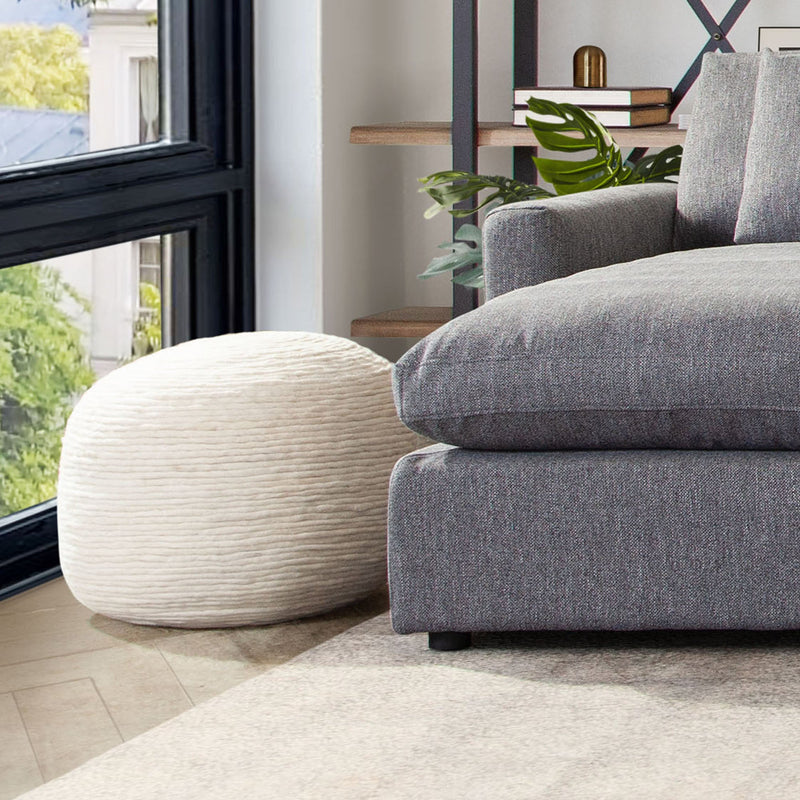 Round White Wool Pouf-zoom-