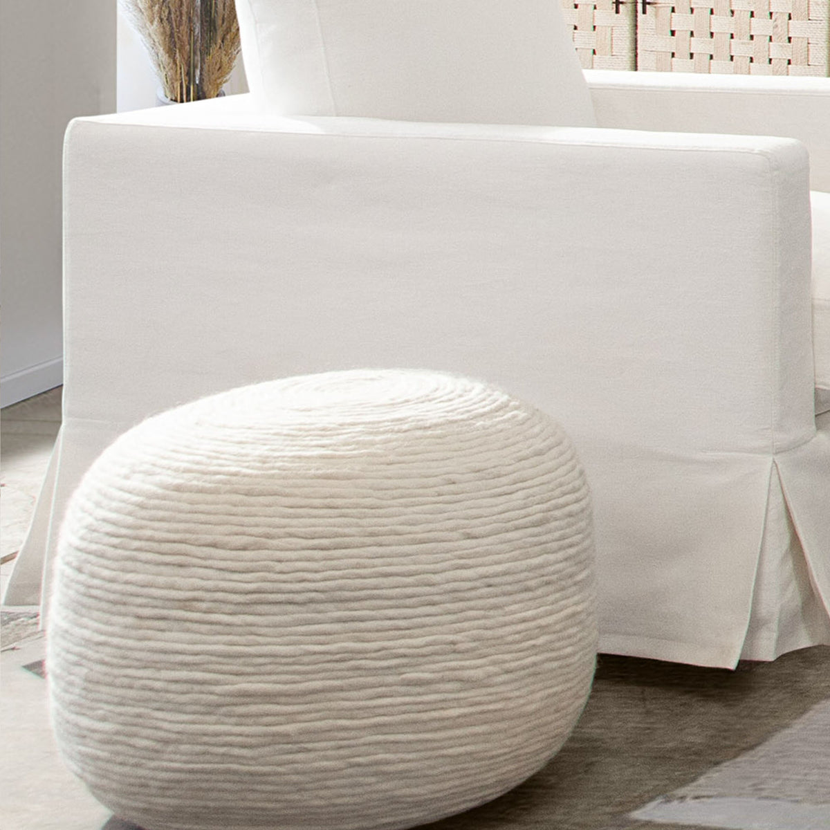 Round White Wool Pouf – top view – Lusso Furniture Miami