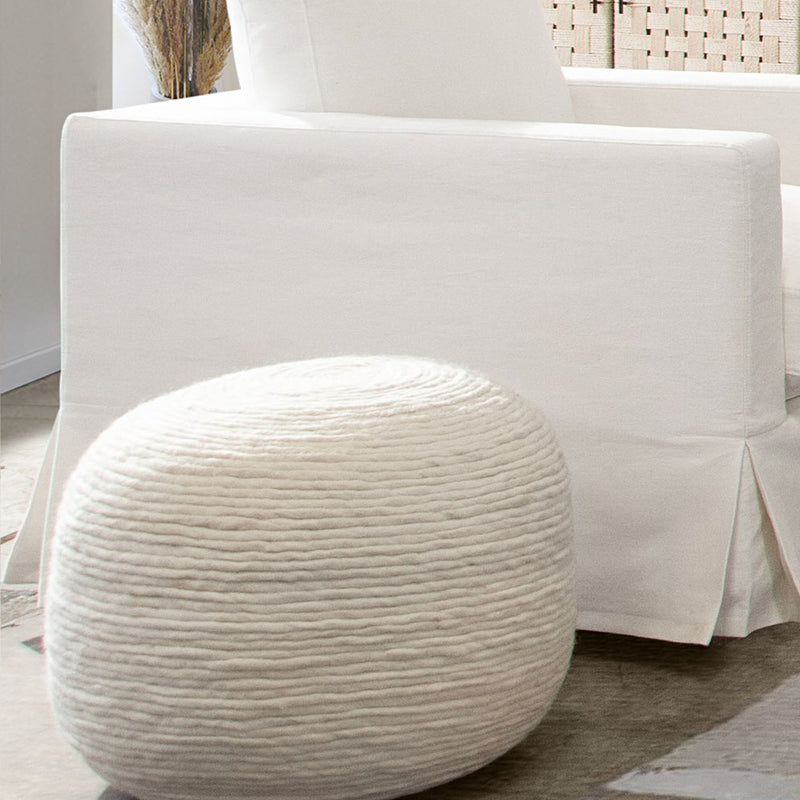 Round White Wool Pouf-zoom-