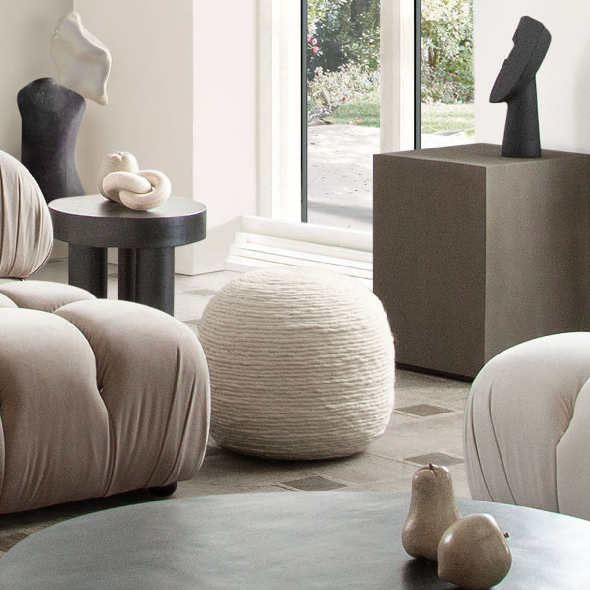 Round White Wool Pouf – close-up – Lusso Furniture Miami