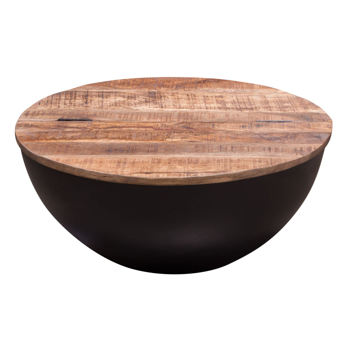 Salem Storage Drum Coffee Table – Natural Mango Wood & Black Metal – front view – Lusso Furniture Miami
