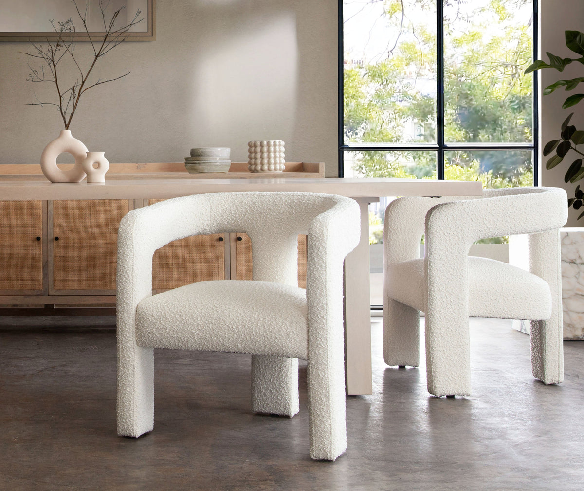 Scout Curved Boucle Dining Chair – close-up – Lusso Furniture Miami