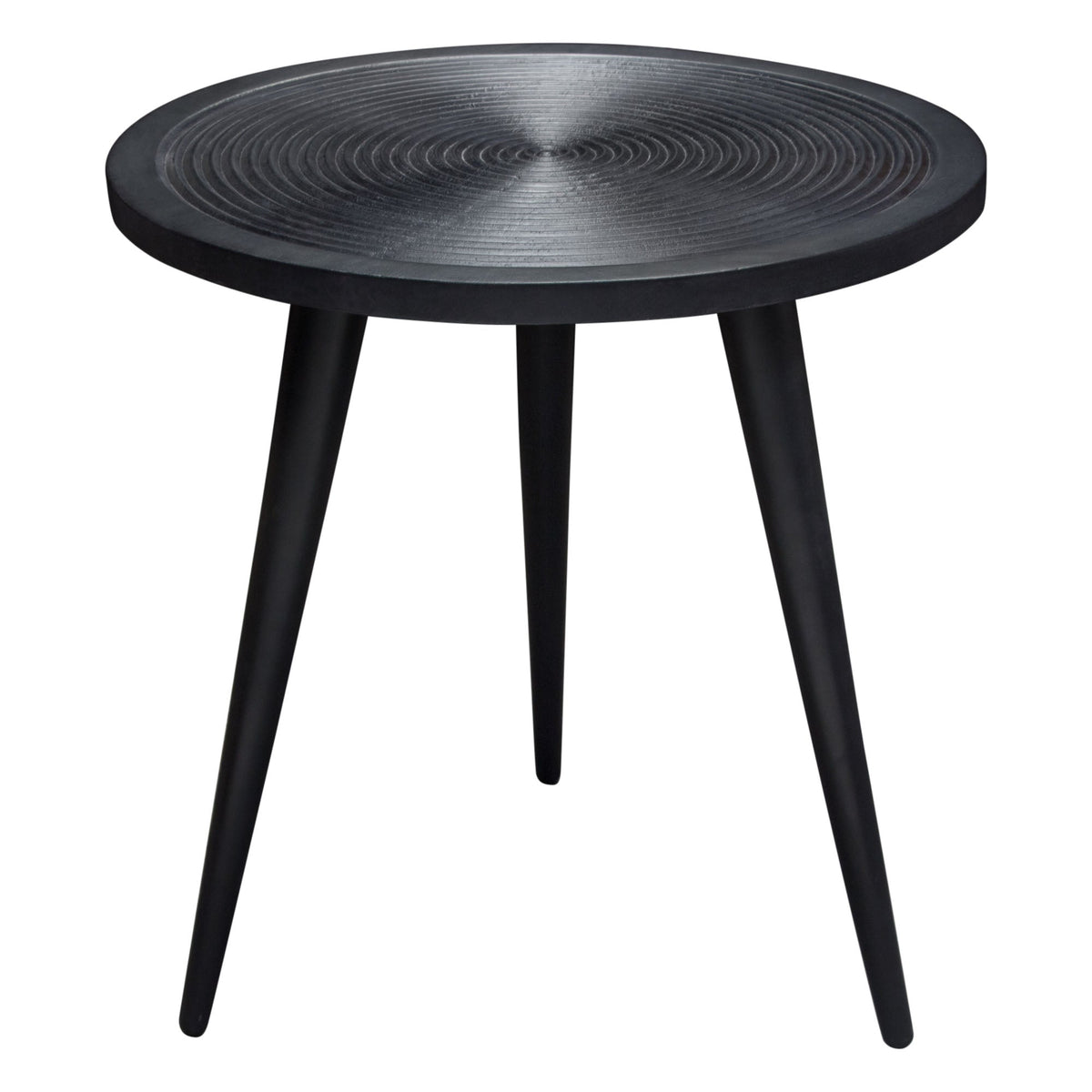 Vortex Carved Mango Wood Round End Table – Black Finish – front view – Lusso Furniture Miami