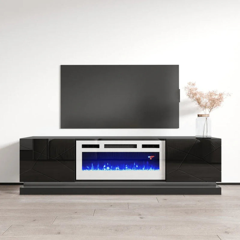 TV 103 BLACK WITH FIREPLACE ALL WHITE LACQUER PAINT-zoom-